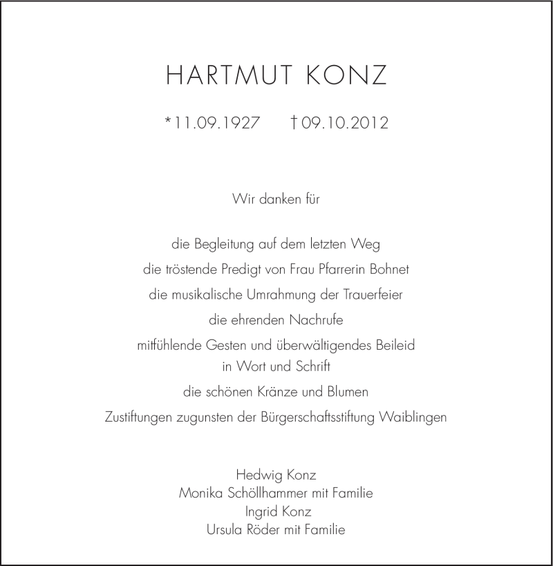  Traueranzeige für Hartmut Konz vom 26.10.2012 aus Stuttgarter Zeitung / Stuttgarter Nachrichten
