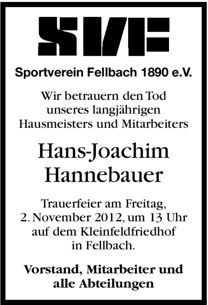  Traueranzeige für Hans-Joachim Hannebauer vom 25.10.2012 aus Stuttgarter Zeitung / Stuttgarter Nachrichten