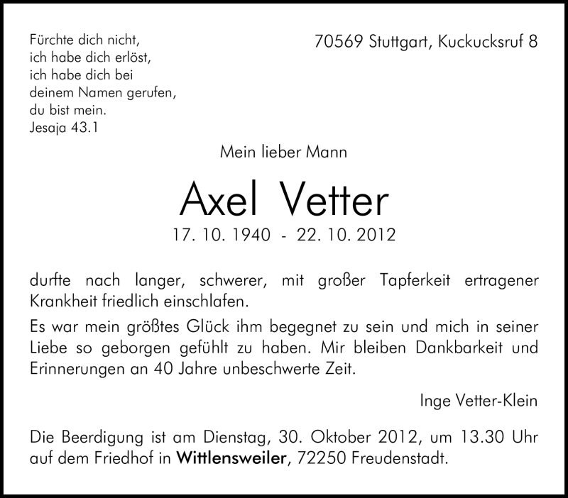  Traueranzeige für Axel Vetter vom 26.10.2012 aus Stuttgarter Zeitung / Stuttgarter Nachrichten