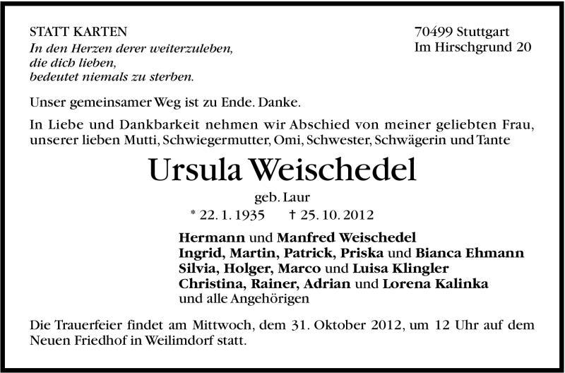  Traueranzeige für Ursula Weischedel vom 29.10.2012 aus Stuttgarter Zeitung / Stuttgarter Nachrichten