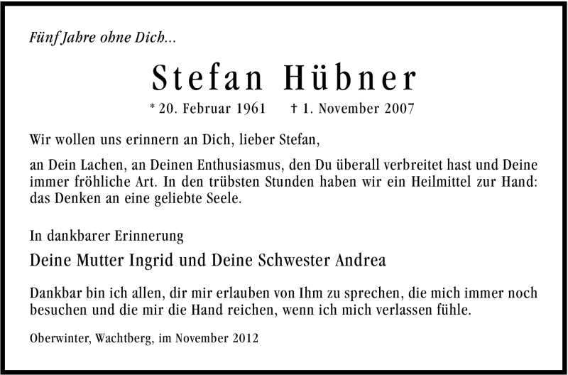  Traueranzeige für Stefan Hübner vom 31.10.2012 aus Stuttgarter Zeitung / Stuttgarter Nachrichten