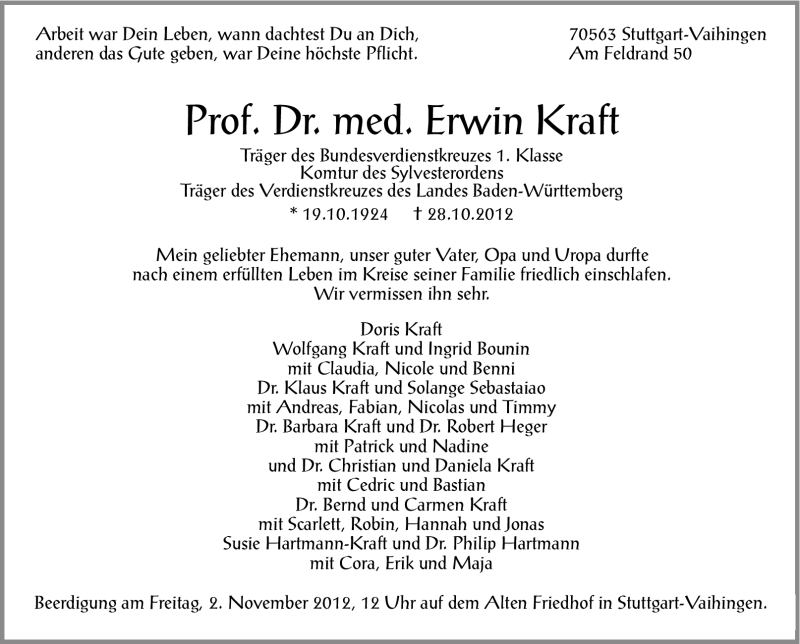  Traueranzeige für Erwin Kraft vom 30.10.2012 aus Stuttgarter Zeitung / Stuttgarter Nachrichten