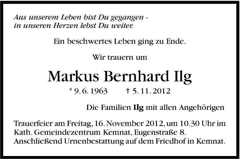  Traueranzeige für Markus Bernhard Ilg vom 14.11.2012 aus Stuttgarter Zeitung / Stuttgarter Nachrichten