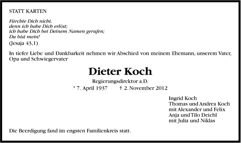  Traueranzeige für Dieter Koch vom 14.11.2012 aus Stuttgarter Zeitung / Stuttgarter Nachrichten