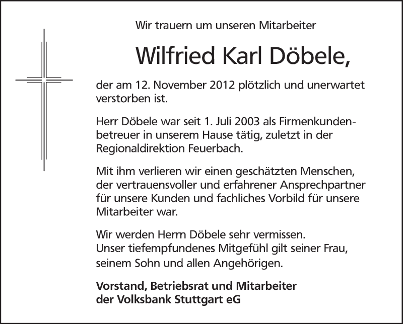  Traueranzeige für Wilfried Karl Döbele vom 16.11.2012 aus Stuttgarter Zeitung / Stuttgarter Nachrichten