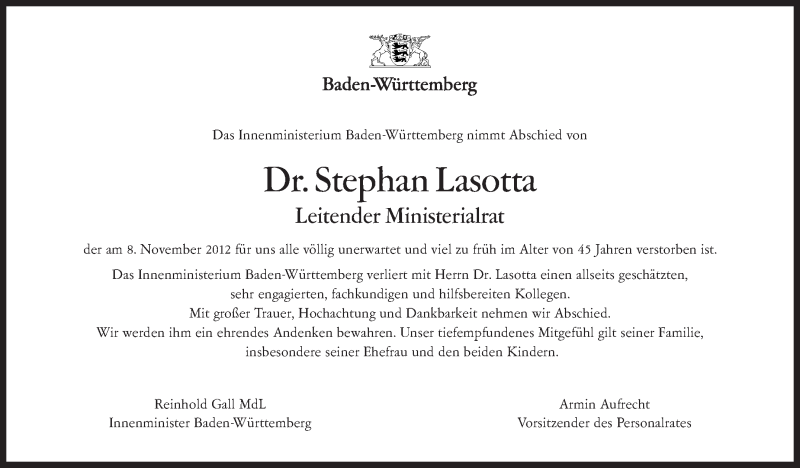  Traueranzeige für Stephan Lasotta vom 20.11.2012 aus Stuttgarter Zeitung / Stuttgarter Nachrichten