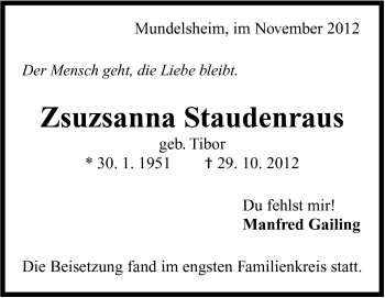 Traueranzeige von Zsuzsanna Staudenraus von Marbacher Zeitung