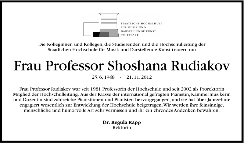  Traueranzeige für Shoshana Rudiakov vom 23.11.2012 aus Stuttgarter Zeitung / Stuttgarter Nachrichten