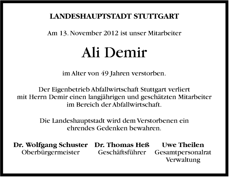  Traueranzeige für Ali Demir vom 30.11.2012 aus Stuttgarter Zeitung / Stuttgarter Nachrichten