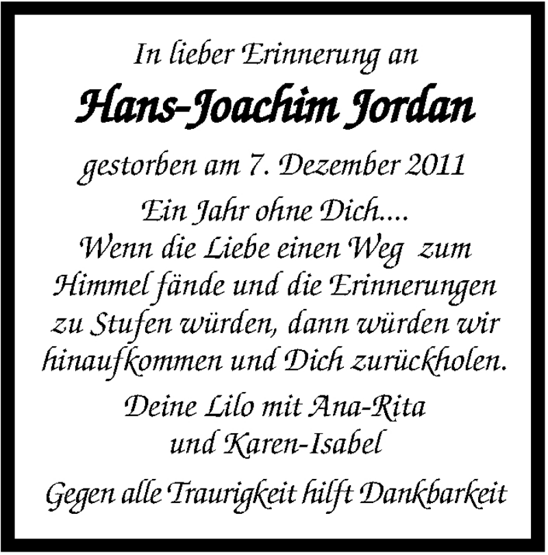  Traueranzeige für Hans-Joachim Jordan vom 07.12.2012 aus Stuttgarter Zeitung / Stuttgarter Nachrichten
