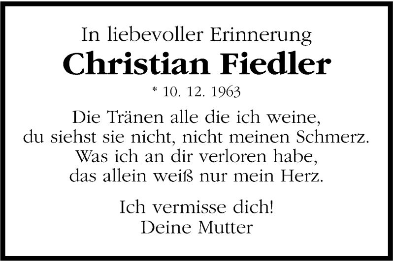  Traueranzeige für Christian Fiedler vom 10.12.2012 aus Stuttgarter Zeitung / Stuttgarter Nachrichten