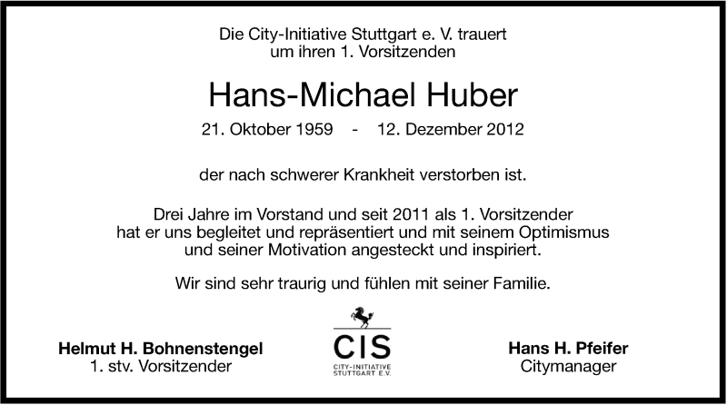  Traueranzeige für Hans-Michael Huber vom 15.12.2012 aus Stuttgarter Zeitung / Stuttgarter Nachrichten