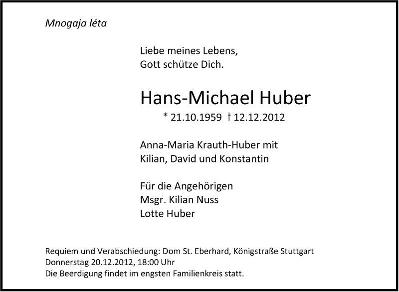  Traueranzeige für Hans-Michael Huber vom 15.12.2012 aus Stuttgarter Zeitung / Stuttgarter Nachrichten