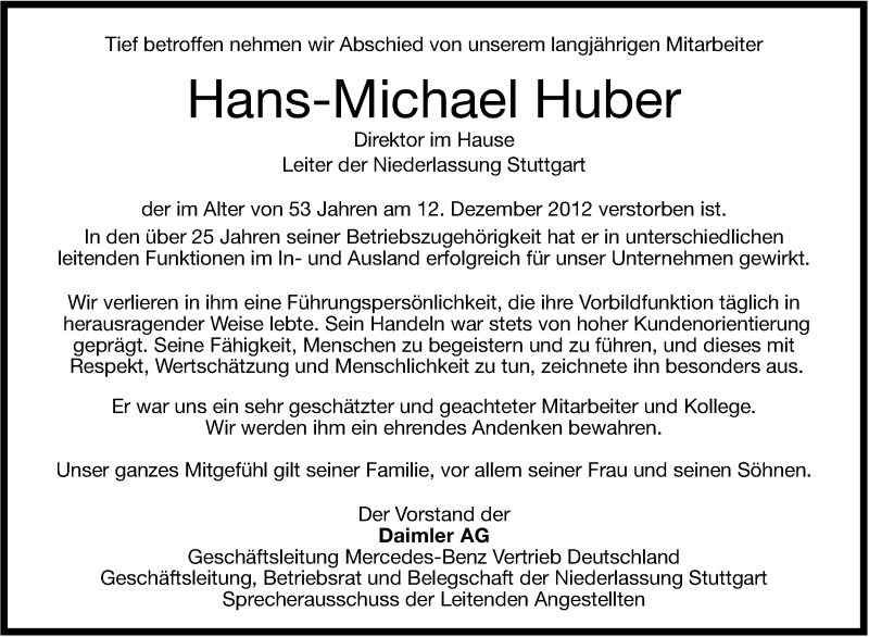  Traueranzeige für Hans-Michael Huber vom 17.12.2012 aus Stuttgarter Zeitung / Stuttgarter Nachrichten