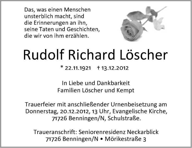 Traueranzeige für Rudolf Richard Löscher vom 18.12.2012 aus Marbacher Zeitung