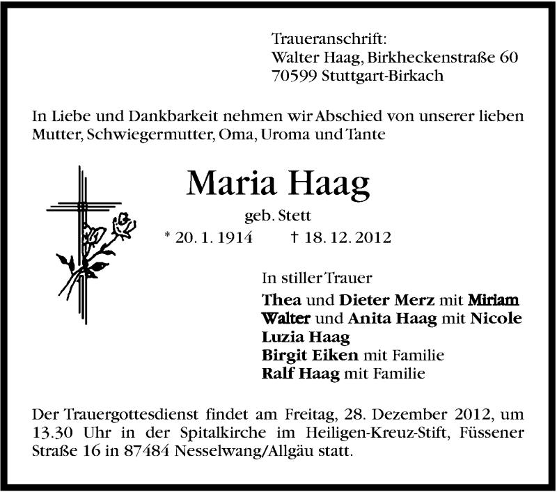  Traueranzeige für Maria Haag vom 20.12.2012 aus Stuttgarter Zeitung / Stuttgarter Nachrichten