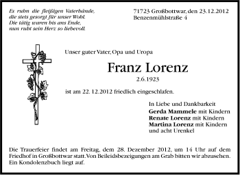 Traueranzeige von Franz Lorenz von Marbacher Zeitung