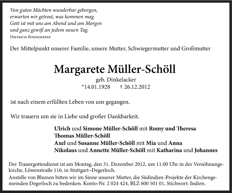  Traueranzeige für Margarete Müller-Schöll vom 28.12.2012 aus Stuttgarter Zeitung / Stuttgarter Nachrichten