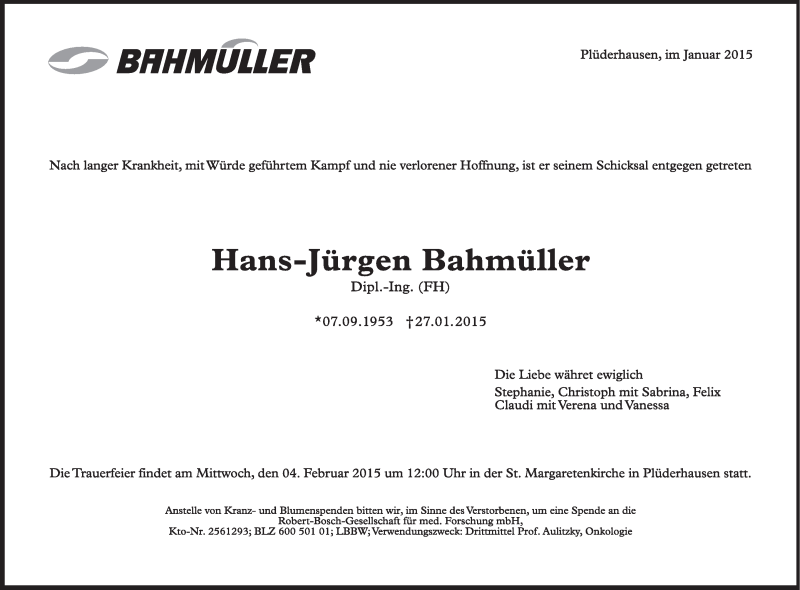  Traueranzeige für Hans-Jürgen Bahmüller vom 31.01.2015 aus Stuttgarter Zeitung / Stuttgarter Nachrichten