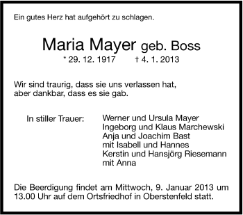 Traueranzeige von Maria Mayer von Marbacher Zeitung