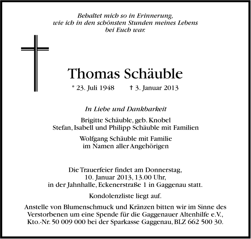  Traueranzeige für Thomas Schäuble vom 08.01.2013 aus Stuttgarter Zeitung / Stuttgarter Nachrichten