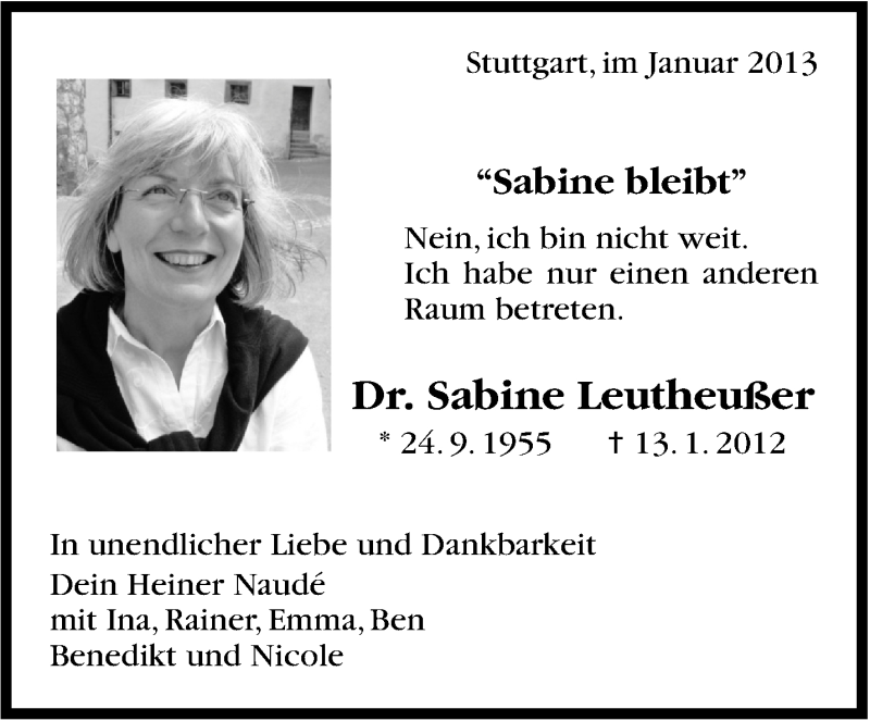  Traueranzeige für Sabine Leutheußer vom 14.01.2013 aus Stuttgarter Zeitung / Stuttgarter Nachrichten