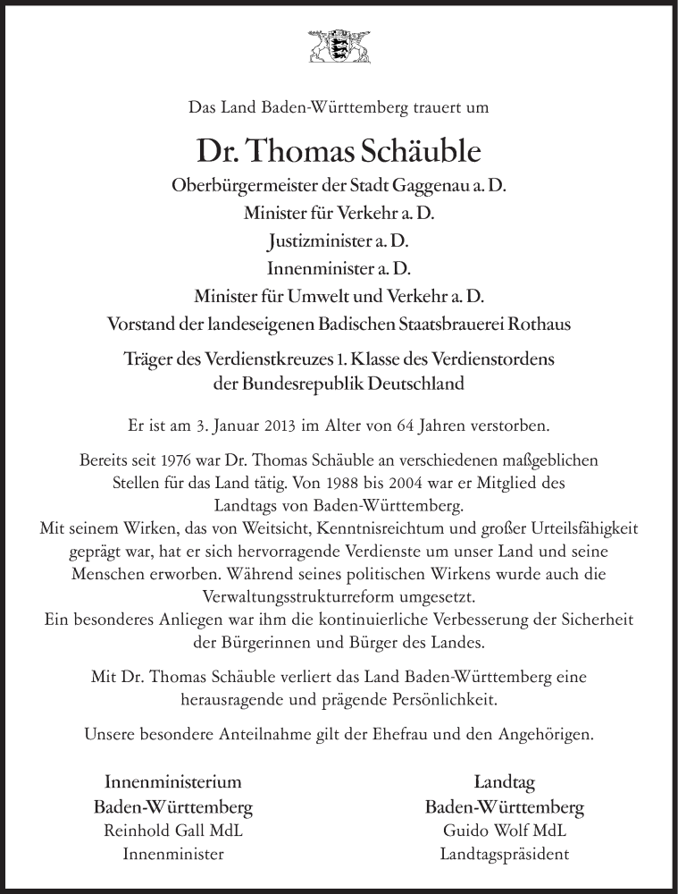  Traueranzeige für Thomas Schäuble vom 10.01.2013 aus Stuttgarter Zeitung / Stuttgarter Nachrichten