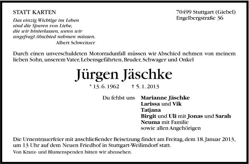  Traueranzeige für Jürgen Jäschke vom 12.01.2013 aus Stuttgarter Zeitung / Stuttgarter Nachrichten