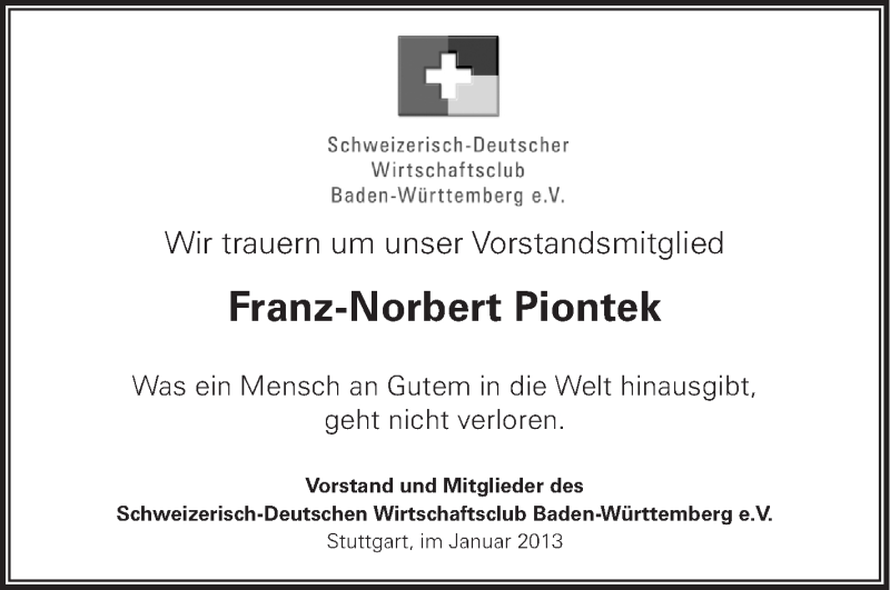  Traueranzeige für Franz-Norbert Piontek vom 12.01.2013 aus Stuttgarter Zeitung / Stuttgarter Nachrichten