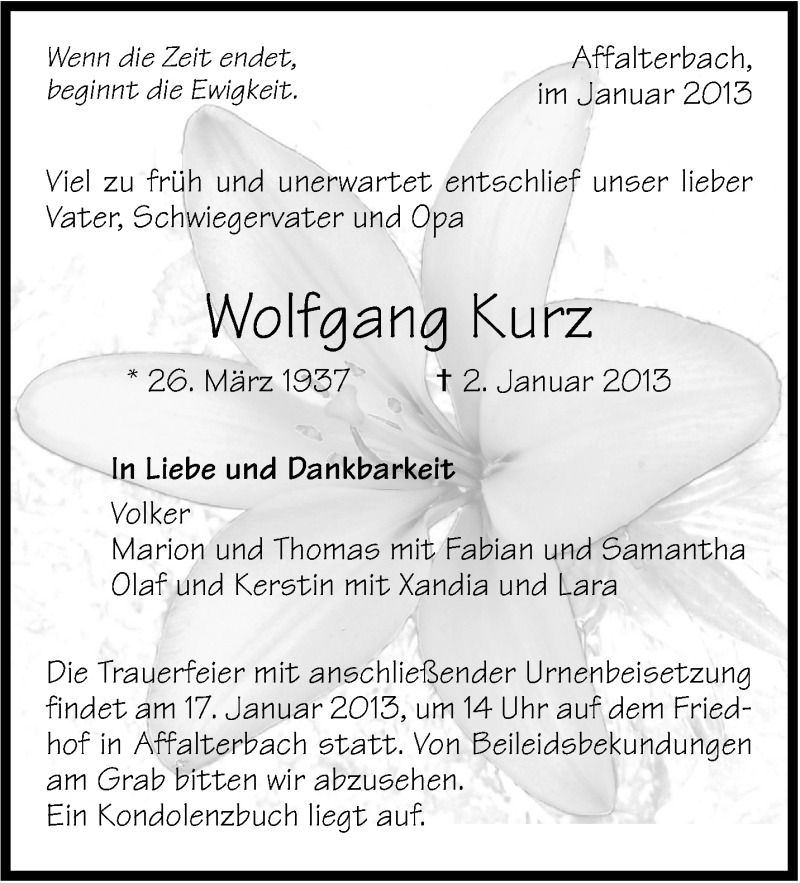  Traueranzeige für Wolfgang Kurz vom 15.01.2013 aus Marbacher Zeitung