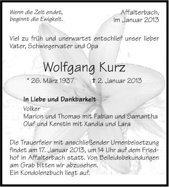 Traueranzeige von Wolfgang Kurz von Marbacher Zeitung