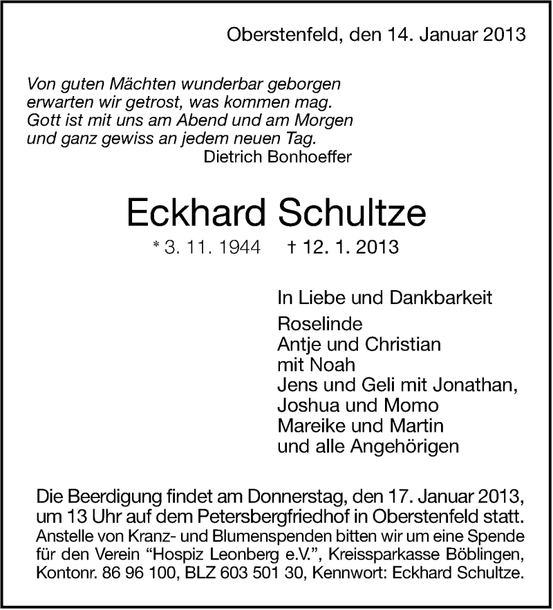  Traueranzeige für Eckhard Schultze vom 15.01.2013 aus Marbacher Zeitung
