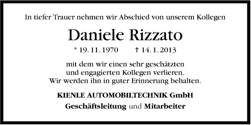  Traueranzeige für Daniele Rizzato vom 16.01.2013 aus Stuttgarter Zeitung / Stuttgarter Nachrichten