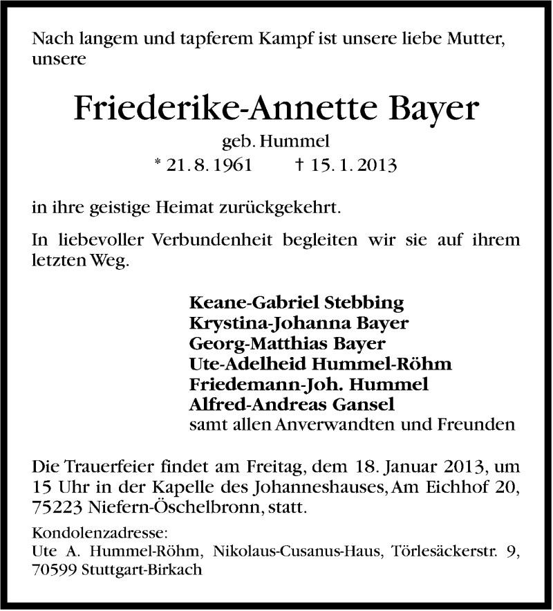  Traueranzeige für Friederike-Annette Bayer vom 17.01.2013 aus Stuttgarter Zeitung / Stuttgarter Nachrichten