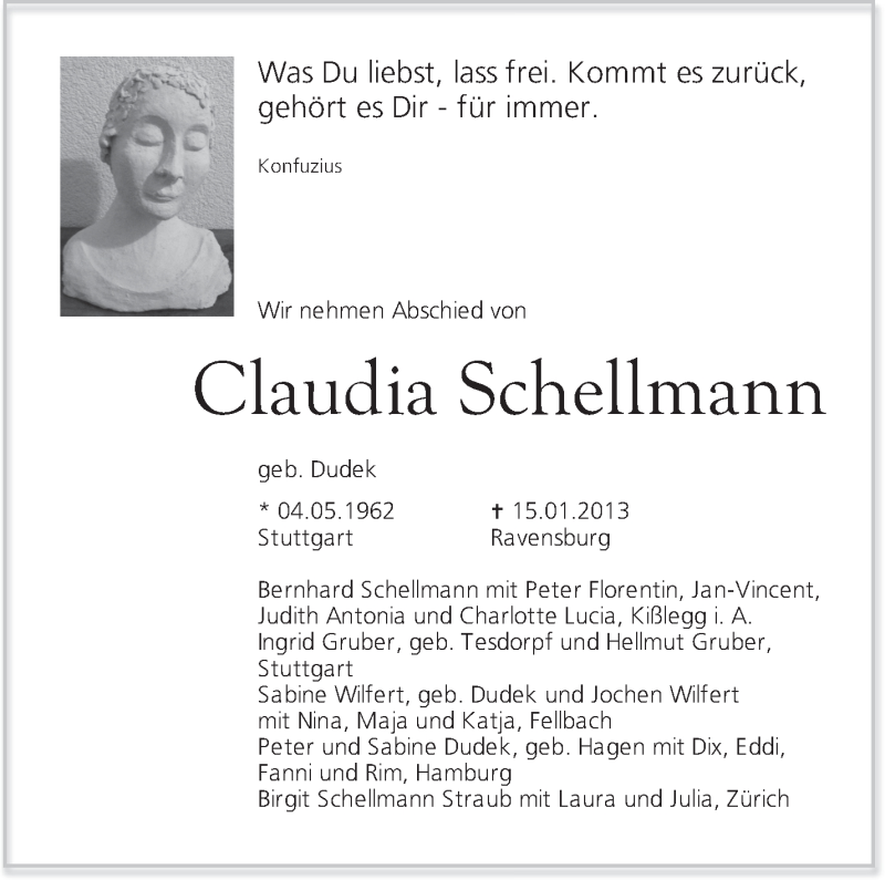  Traueranzeige für Claudia Schellmann  vom 19.01.2013 aus Stuttgarter Zeitung / Stuttgarter Nachrichten