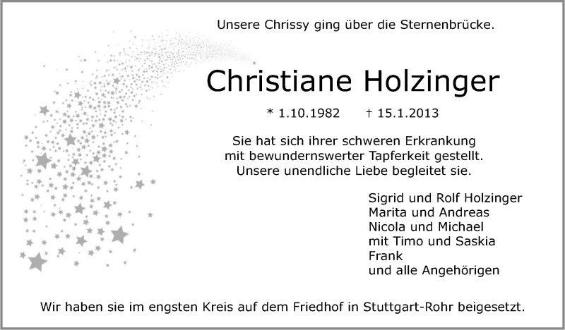  Traueranzeige für Christiane Holzinger vom 22.01.2013 aus Stuttgarter Zeitung / Stuttgarter Nachrichten