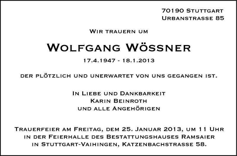  Traueranzeige für Wolfgang Wössner vom 22.01.2013 aus Stuttgarter Zeitung / Stuttgarter Nachrichten