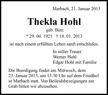Traueranzeige von Thekla Hohl von Marbacher Zeitung