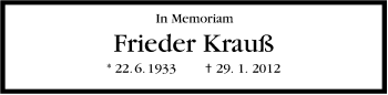 Traueranzeige von Frieder Krauß von Stuttgarter Zeitung / Stuttgarter Nachrichten
