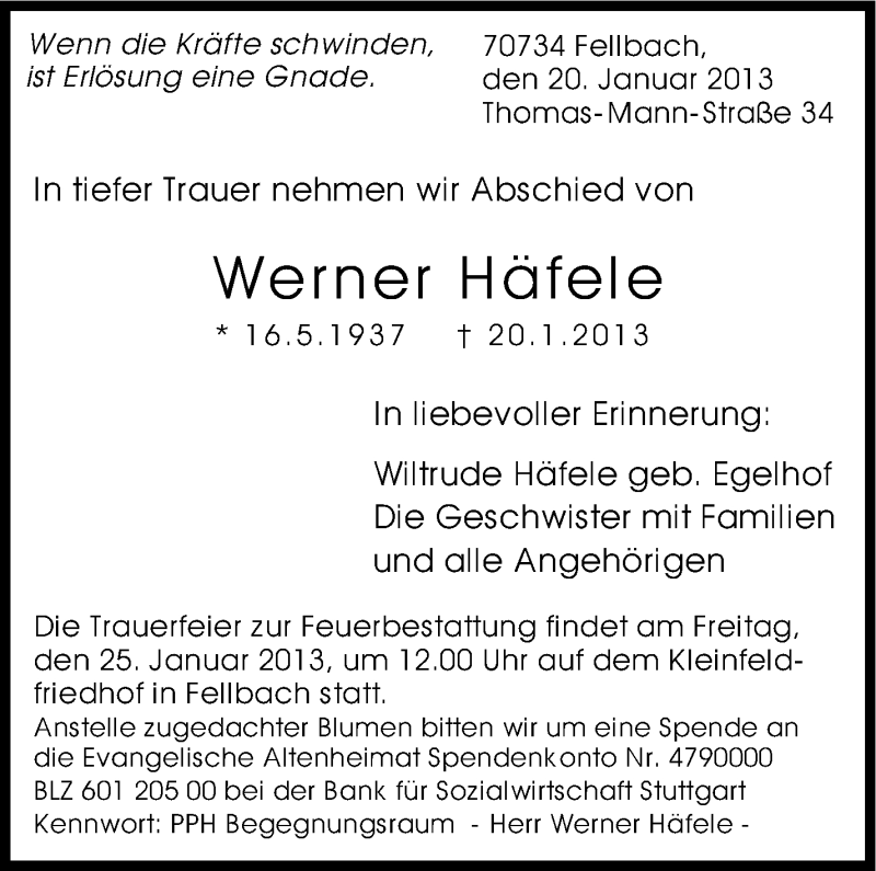  Traueranzeige für Werner Häfele vom 23.01.2013 aus Stuttgarter Zeitung / Stuttgarter Nachrichten