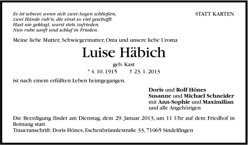  Traueranzeige für Luise Häbich vom 26.01.2013 aus Stuttgarter Zeitung / Stuttgarter Nachrichten