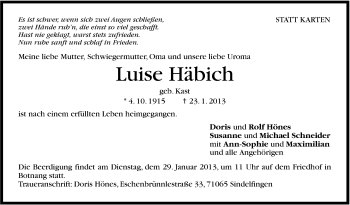 Traueranzeige von Luise Häbich von Stuttgarter Zeitung / Stuttgarter Nachrichten