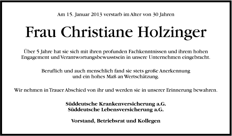  Traueranzeige für Christiane Holzinger vom 24.01.2013 aus Stuttgarter Zeitung / Stuttgarter Nachrichten