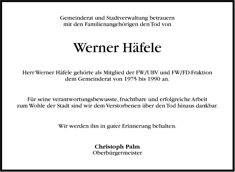  Traueranzeige für Werner Häfele vom 24.01.2013 aus Stuttgarter Zeitung / Stuttgarter Nachrichten