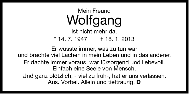  Traueranzeige für Wolfgang Wössner vom 26.01.2013 aus Stuttgarter Zeitung / Stuttgarter Nachrichten