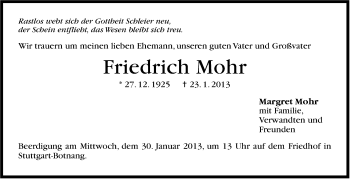 Traueranzeige von Friedrich Mohr von Stuttgarter Zeitung / Stuttgarter Nachrichten