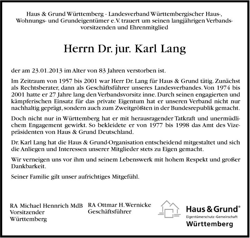  Traueranzeige für Karl Lang vom 26.01.2013 aus Stuttgarter Zeitung / Stuttgarter Nachrichten