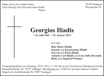 Traueranzeige von Georgios Iliadis von Stuttgarter Zeitung / Stuttgarter Nachrichten