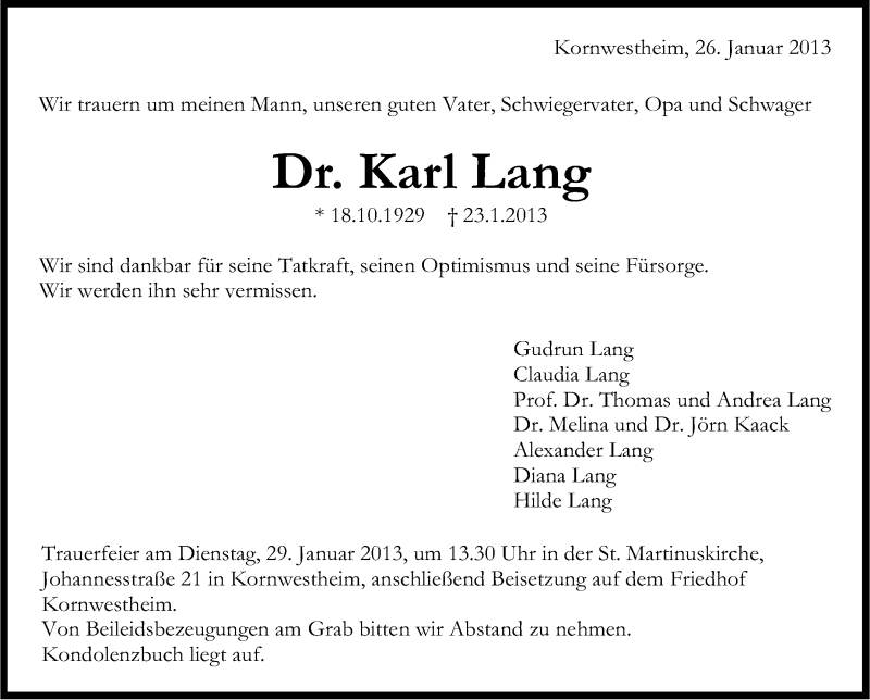  Traueranzeige für Karl Lang vom 26.01.2013 aus Stuttgarter Zeitung / Stuttgarter Nachrichten