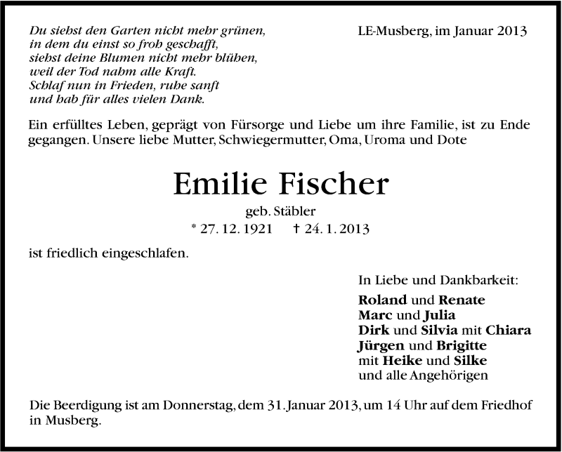  Traueranzeige für Emilie Fischer vom 26.01.2013 aus Stuttgarter Zeitung / Stuttgarter Nachrichten